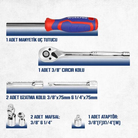 WORKPRO WP202524 1/4'’ 3/8’’ Metrik 75 Parça Cr-V Profesyonel Lokma Takımı