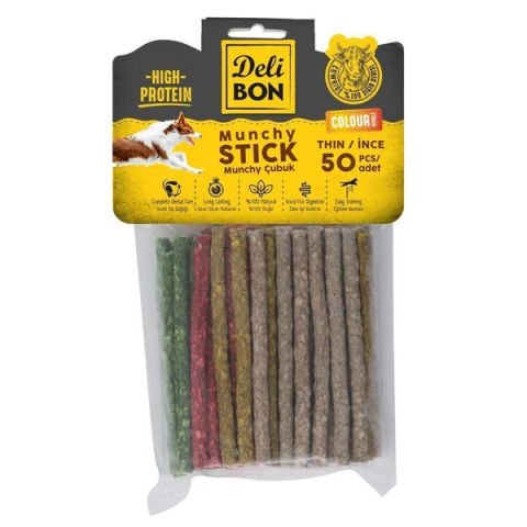 Delibon Munchy Karışık Renk İnce Deri Çubuk Köpek Ödülü 50 Adet 1 paket