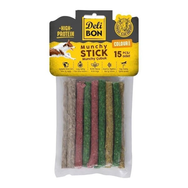 Delibon Munchy Karışık Renk İnce Deri Çubuk Köpek Ödülü 15 adet (1  paket)