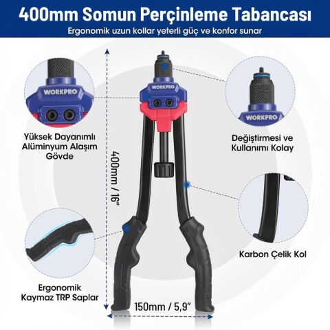 WORKPRO WP200532 400mm INC/MM Ağır Hizmet Kollu Somun Perçinleme Tabancası + 185 Adet Perçin