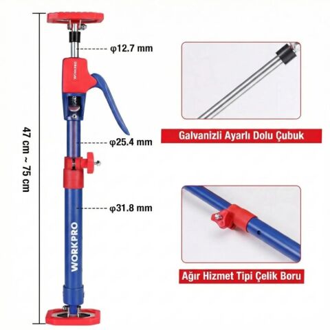 WORKPRO WP289036 47-75cm 70Kg Teleskobik Mandallı Ayarlanabilir 2’Li Çelik Destek Direği + Taşıma Çantası