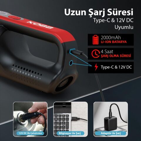 KOBB KBV20 12Volt/ Li-ion Şarjlı Kömürsüz Motor Hibrit Araç Süpürgesi + 8 Parça Aksesuar Seti + Taşıma Çantası