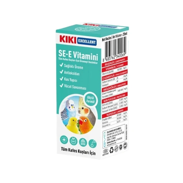 Kiki Excellent Sağlıklı Üreme Destekleyici Kuşlar için SE-E Vitamini Sıvı Damla 25 Ml